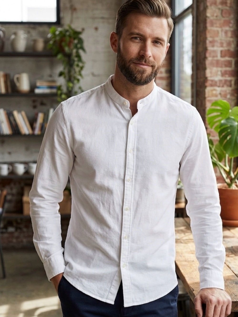 Men's White Zara Slim Fit Mandarin Collar Shirt (Tag L, Fits S/M)
